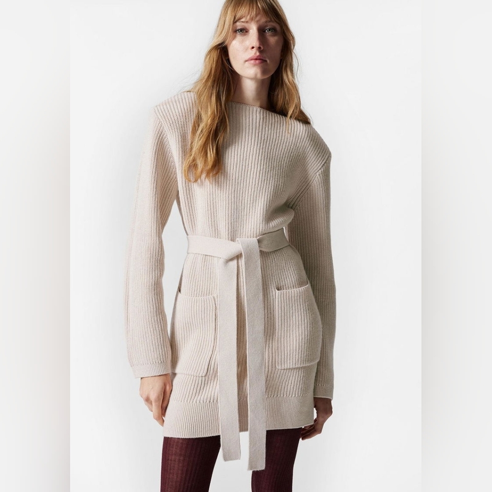 NWT &Other Stories Elegant Cream Knit Sweater with Belt Wool Cotton Blend M